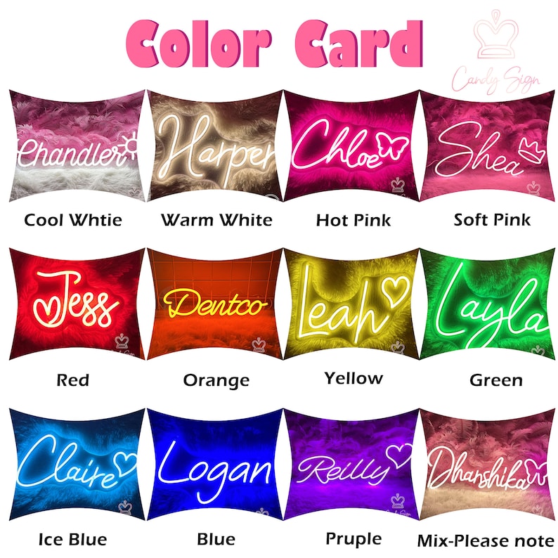 May include: A color card featuring neon signs in various colors, each displaying a name. Colors include cool white, warm white, hot pink, soft pink, red, orange, yellow, green, ice blue, blue, purple, and a mix. The text "Color Card" is at the top.