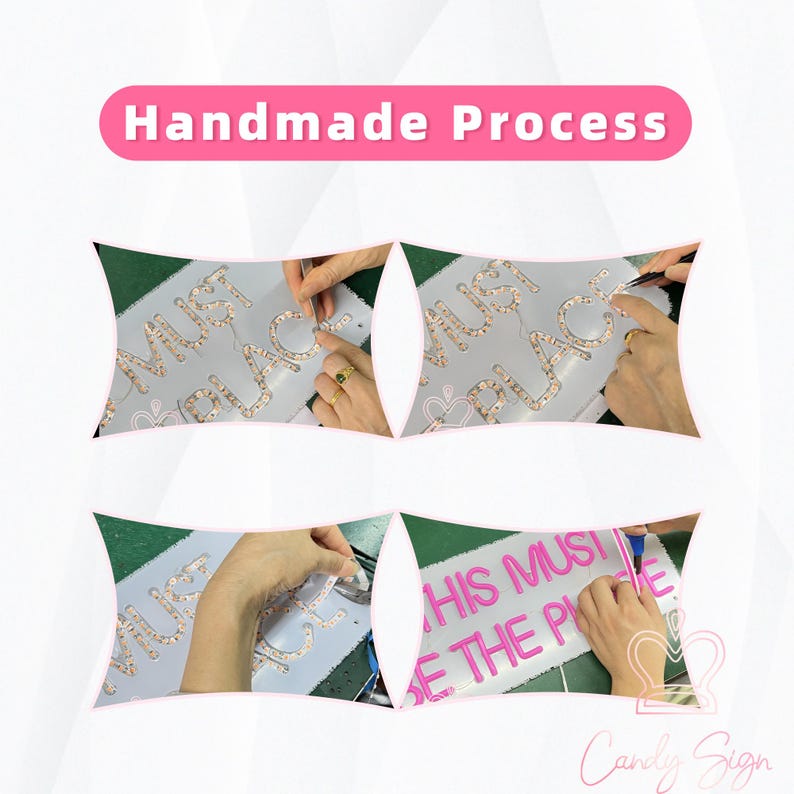 May include: A close-up of the process of making a custom neon sign. The image shows four steps: placing the neon tubing, securing the tubing, attaching the neon tubing to the power source, and testing the sign. The sign says "This must be the place".