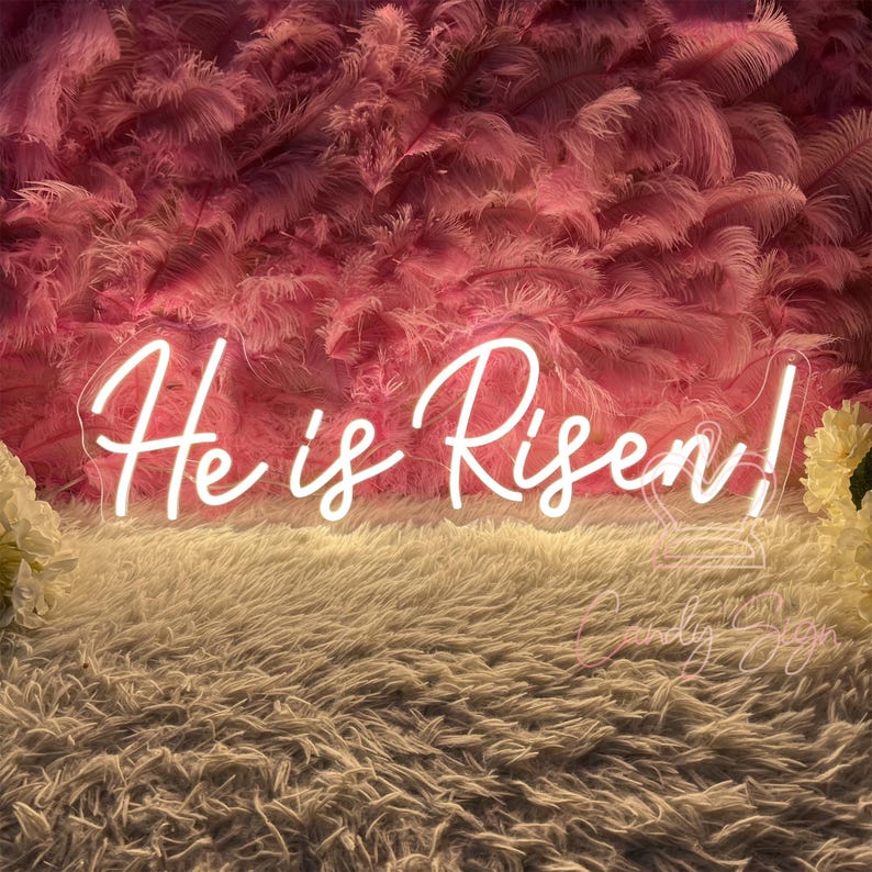 May include: White neon sign with the words "He is Risen!" against a background of pink feathers.