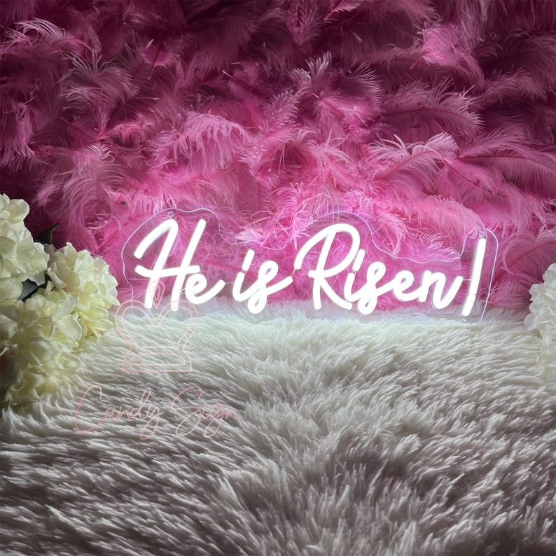 May include: White neon sign with the text "He is Risen!" on a white fluffy surface with pink feathers in the background.