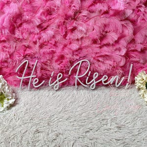 May include: White wooden sign with the text "He is Risen!" on a pink feather background.