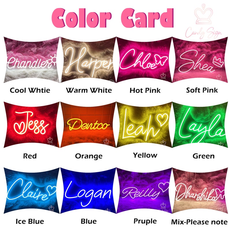 May include: Color card showing 12 different colors of faux fur pillow covers with neon lettering. The colors are cool white, warm white, hot pink, soft pink, red, orange, yellow, green, ice blue, blue, purple, and a mix of colors.