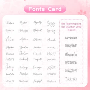 May include: A pink and white card with the words "Fonts Card" at the top. The card lists a variety of fonts in alphabetical order, with each font name written in its corresponding style. The text "The following font, not less than 20IN (50CM)" is also included on the card.