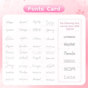 May include: A pink "Fonts Card" displays various font styles in black, including "Photogenic," "Rocket," and "Royalty." The card also features a section with larger fonts like "LOVENEON" and "Mayfair," with a note indicating a minimum size of 20 inches (50cm).