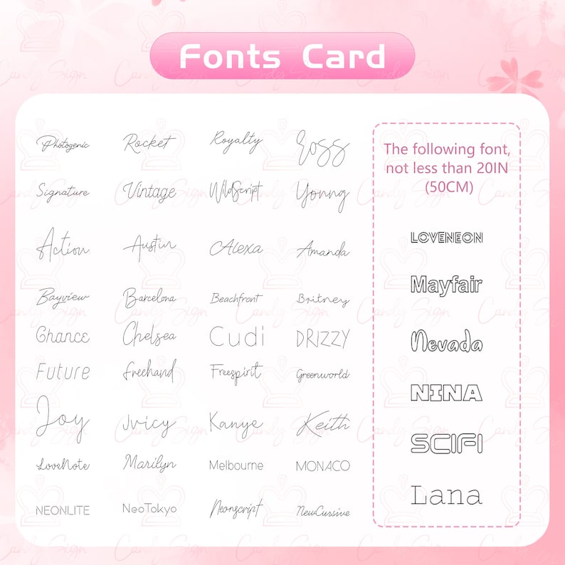 May include: A pink "Fonts Card" displays various font styles in black, including "Photogenic," "Rocket," and "Royalty." The card also features a section with larger fonts like "LOVENEON" and "Mayfair," with a note indicating a minimum size of 20 inches (50cm).