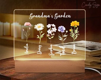 Grandma's Garden Night Light,Custom Birth Month Flower With Kids' Names Night Light,Personalized Gift For Grandma,Family Birth Flower Gifts