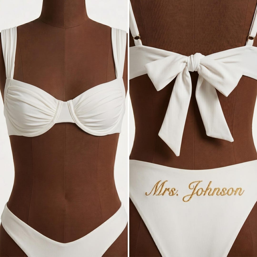 Personalized White Bikini for Bride | Honeymoon Swimwear, Bachelorette Party Outfit | B032Y - S