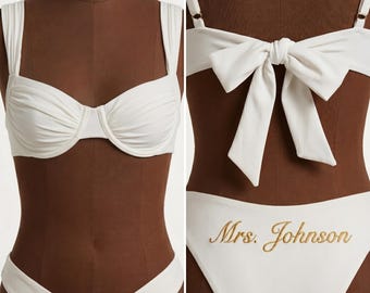 Personalized White Bikini for Bride | Honeymoon Swimwear, Bachelorette Party Outfit | B032Y