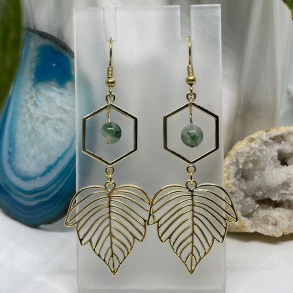 Moss Agate Leaf Dangle Earrings | Handmade Crystal Jewelry | Gemstone Beaded Earring | Witchy Boho Plant Jewelry