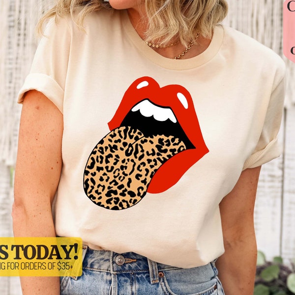 Red Lips Leopard Print Tongue T Shirt, Fashion Lover Shirt, Vintage Red Lips Shirt, Stones Inspired Retro Shirt, Cheetah Animal Print Shirt