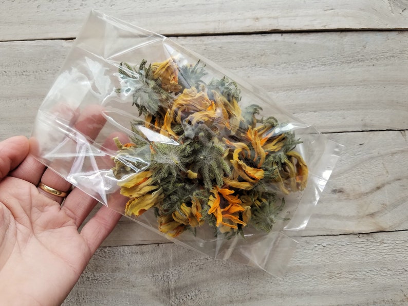 以下が含まれることがあります： 黄色と緑色の乾燥した花が入った透明なビニール袋。花は層状の花びらの構造をしており、さまざまな開花段階にあります。袋は手で持たれており、背景は明るい色の木製の表面です。