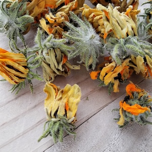 以下が含まれることがあります： 鮮やかなオレンジと黄色の花びらを持つ、乾燥したカレンデュラの花のクローズアップ。 花には緑色のふわふわした茎があり、明るい色の風化した木製の表面に配置されています。 画像は自然な質感と色を強調しています。
