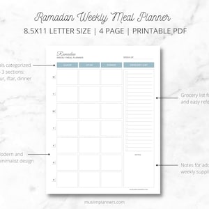 Ramadan Weekly Meal Planner Grocery List Printable Digital Undated 8.5x11 Letter Size image 1