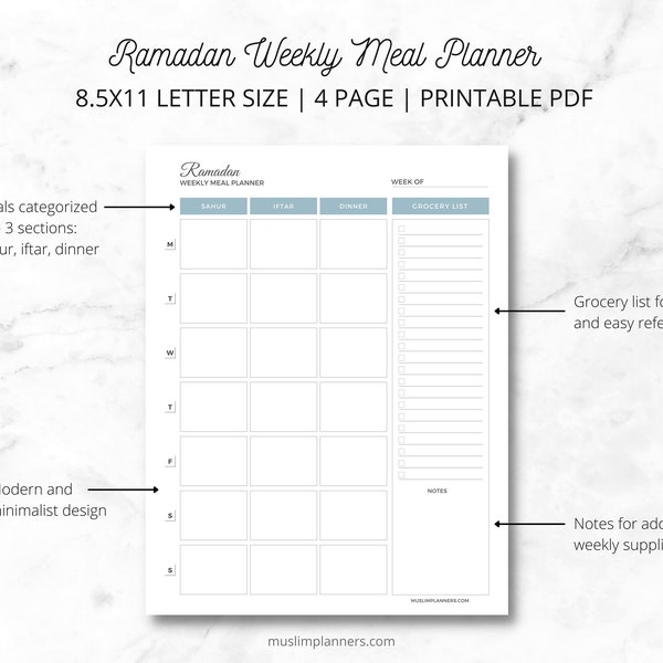 Ramadan Weekly Meal Planner Grocery List | Printable Digital Undated | 8.5x11 Letter Size