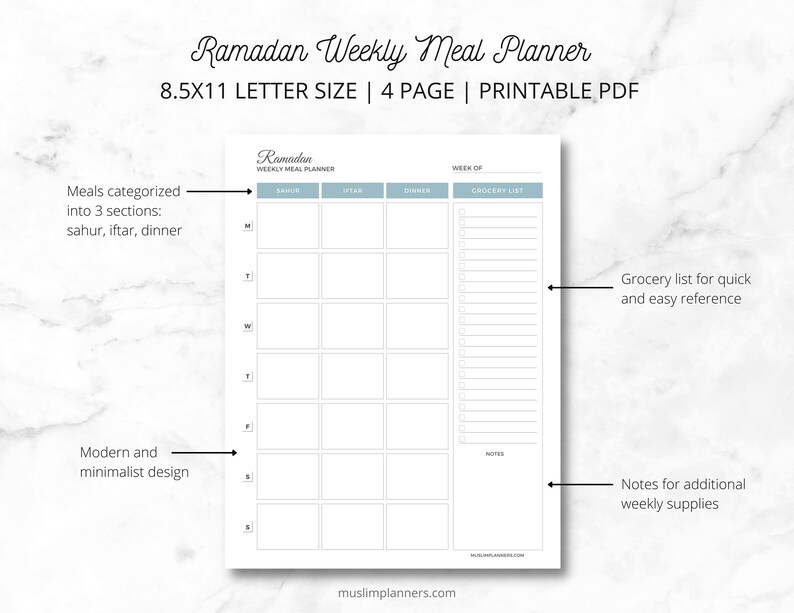 Ramadan Weekly Meal Planner Grocery List Printable Digital Undated 8.5x11 Letter Size image 1