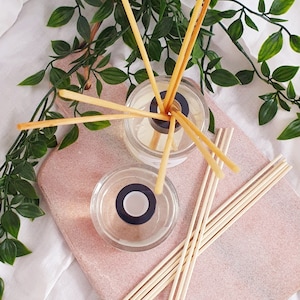 May include: Two clear glass diffuser bottles with wooden sticks, one bottle has sticks inserted, the other bottle has sticks next to it on a pink surface.