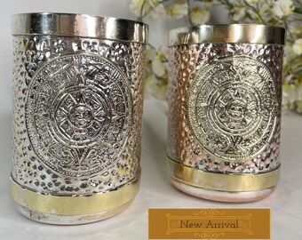 Brass and Silver Hammered Aztec Mugs | Vintage Brass Mugs | Unique Barware | Collectible Set