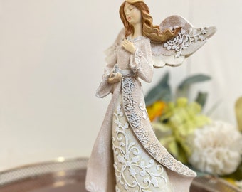 Handmade Angel with Dove, Wooden Carved and Hand Painted | Limited Edition Roman Figurine | Beautiful Holiday Sculpture to Add to Your Home