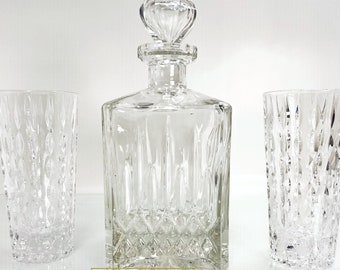 Vintage Crystal Decanter Set With Highball Glasses | Square Decanter With Stopper and Cut Crystal Glassware