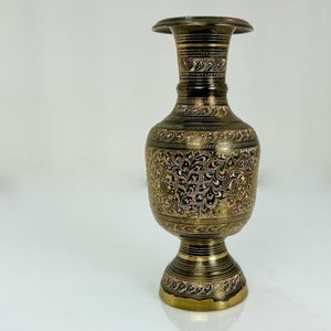 Vintage Indian Floral Brass Bud Vase Hand Engraved Floral Design Wedding Gift or Christmas Gift image 1