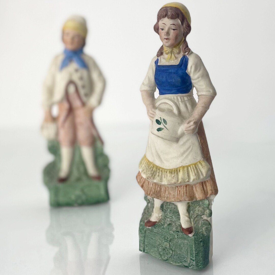 Antique German Bisque Figurines Hand Painted Porcelain Farmers Couple