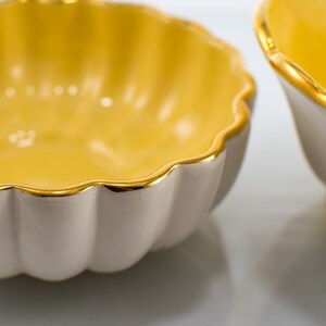 Vintage Dessert Bowls Decorative Fruit Bowls Beautiful Pottery and Farmhouse Decor Yellow and White with Gold Trim image 3