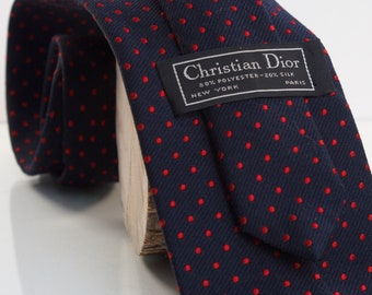 Christian Dior Necktie | Blue and Red Polkadot Tie | Mens Executive Office Wear | Classic 3 inch Width