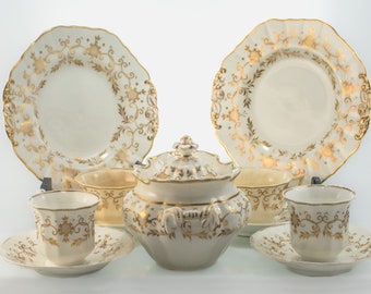 Antique Copeland and Garrett Late Spode Felspar Porcelain Set | Elegant Rococo Style Cups, Saucers, Plates, Bowl