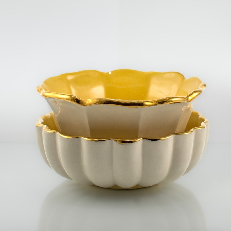 Vintage Dessert Bowls Decorative Fruit Bowls Beautiful Pottery and Farmhouse Decor Yellow and White with Gold Trim image 4