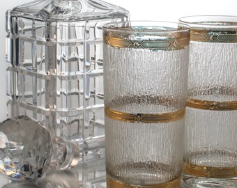Crystal Whiskey Decanter Set | Culver 22k Gold Glassware | Retro Barware