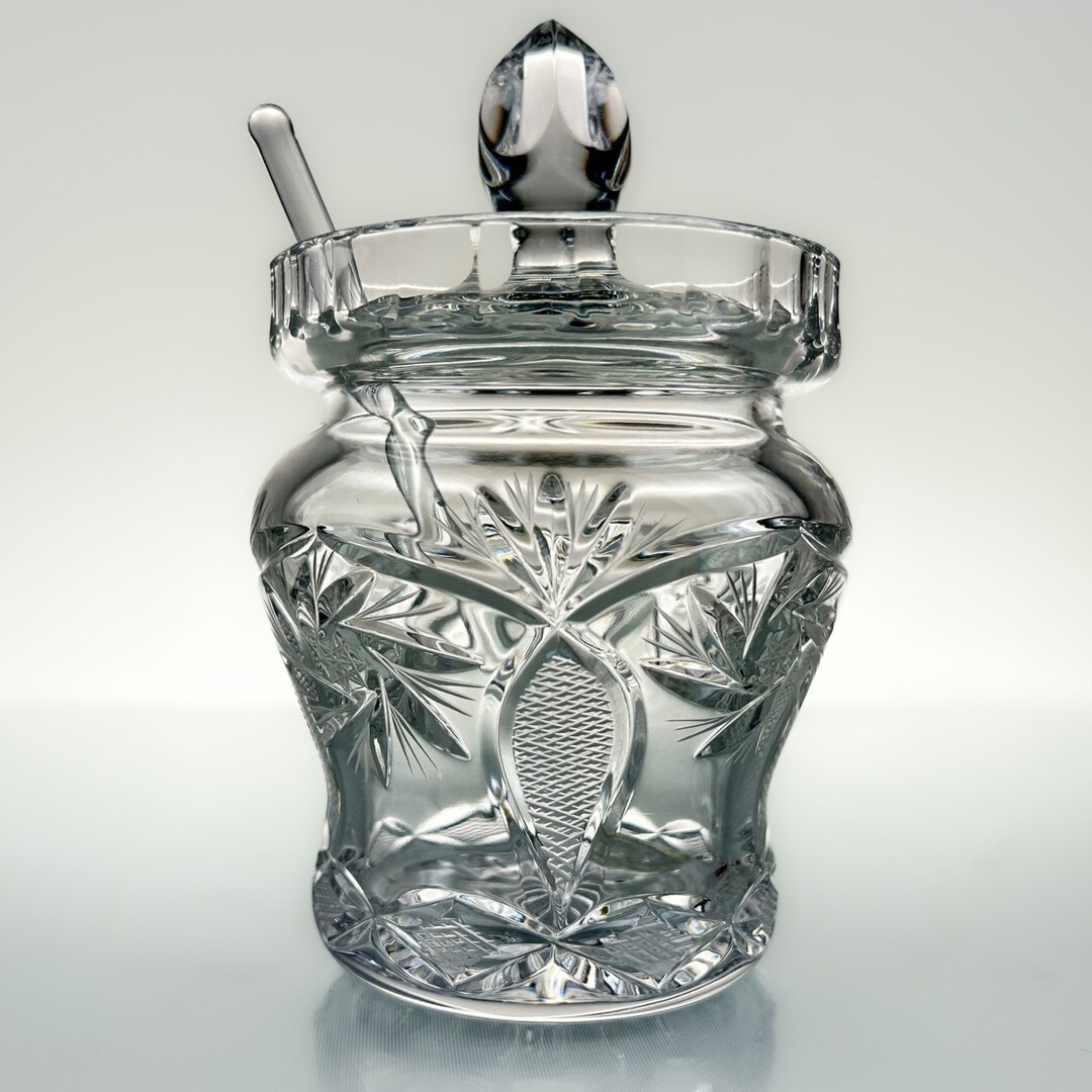 Crystal Jar Bohemian Cut Crystal Jam Jar or Sugar Bowl With Spoon and