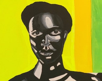 May include: An acrylic painting featuring a person holding a globe. The figure is rendered in black and white, wearing a patterned green and purple garment. The globe is blue, green, and yellow, set against a bright yellow and green backdrop.