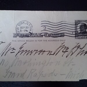 May include: Vintage postcard with a one-cent stamp featuring a portrait. The postcard is postmarked "New York, N.Y. SEP 20 3-PM". Handwritten address and message are visible on the card. The text "POSTAL CARD" is printed on the card.