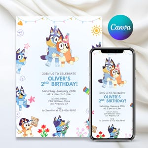 Editable Bluey Birthday Invitation | Blue Dog Digital Invite For Kids | Rainbow Daisy Girl Party | Bingo birthday invitation | Bluey Invite