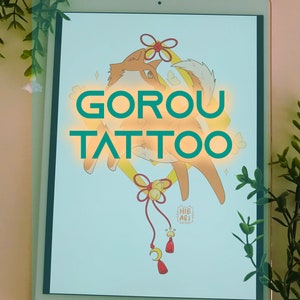 May include: Digital illustration of a tan and white dog with red and gold accents. The dog is wearing a red and gold ribbon around its neck. The text "GOROU TATTOO" is written in teal letters on a yellow background. The text "HIB ART" is written in white letters on a red background.