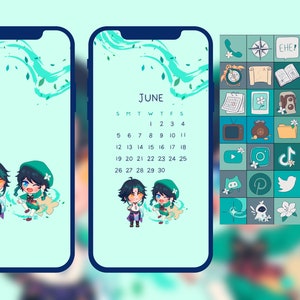 May include: A digital phone wallpaper with a June calendar, two cartoon characters, and a grid of icons. The calendar is on a light blue background with green and blue swirls. The characters are wearing green and blue clothing. The icons are in a grid of 6x6, with each icon having a different design.