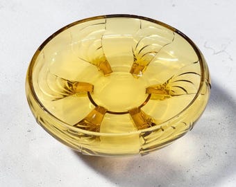 Bol de vidrio ámbar vintage, bol de vidrio prensado con diseño de hojas, bol decorativo Art Déco de mediados de siglo, decoración retro para el hogar, vidrio europeo