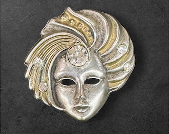 Broche de máscara veneciana vintage, broche de cara de mujer con diamantes de imitación en oro y plata, joyería de carnaval, broche de solapa llamativo