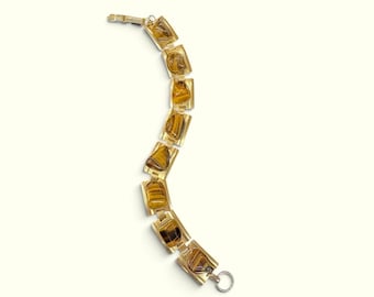 Pulsera vintage de ojo de tigre de los años 70, pulsera de eslabones de piedra natural en tono dorado, joyería retro modernista de mediados de siglo, cierre plegable.