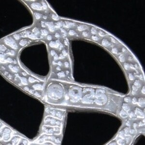 May include: Close-up of a silver pendant with a stylized design. The pendant is marked with "925", indicating it is made of sterling silver.