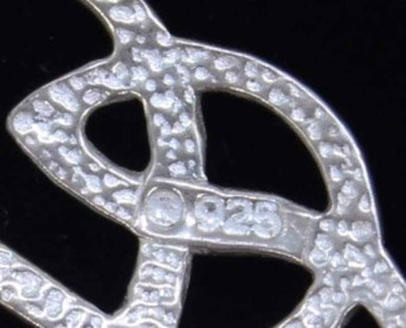 May include: Close-up of a silver pendant with a stylized design. The pendant is marked with "925", indicating it is made of sterling silver.