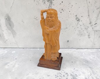 Figura de madera tallada a mano de Shou Lao, dios de la longevidad, decoración de arte asiático vintage.