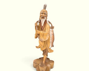 Figura de anciano tallada en madera china vintage, estatua de pescador tallada a mano, arte popular asiático, decoración rústica oriental para el hogar, 30 cm