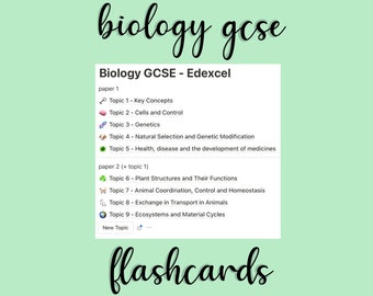 May include: A green and white graphic with the text "biology gcse" in a large font at the top. Below the text is a list of topics for Biology GCSE - Edexcel, separated into two papers. The graphic also includes the text "flashcards" and "Grade 9 Achieved".