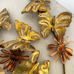 Vintage Metal Butterfly & Flower Wall Hanging, Two Pieces