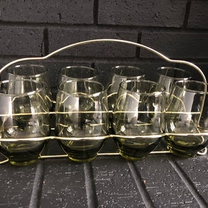 Vintage Libbey Smokey Green Glasses in Caddy Set of 8