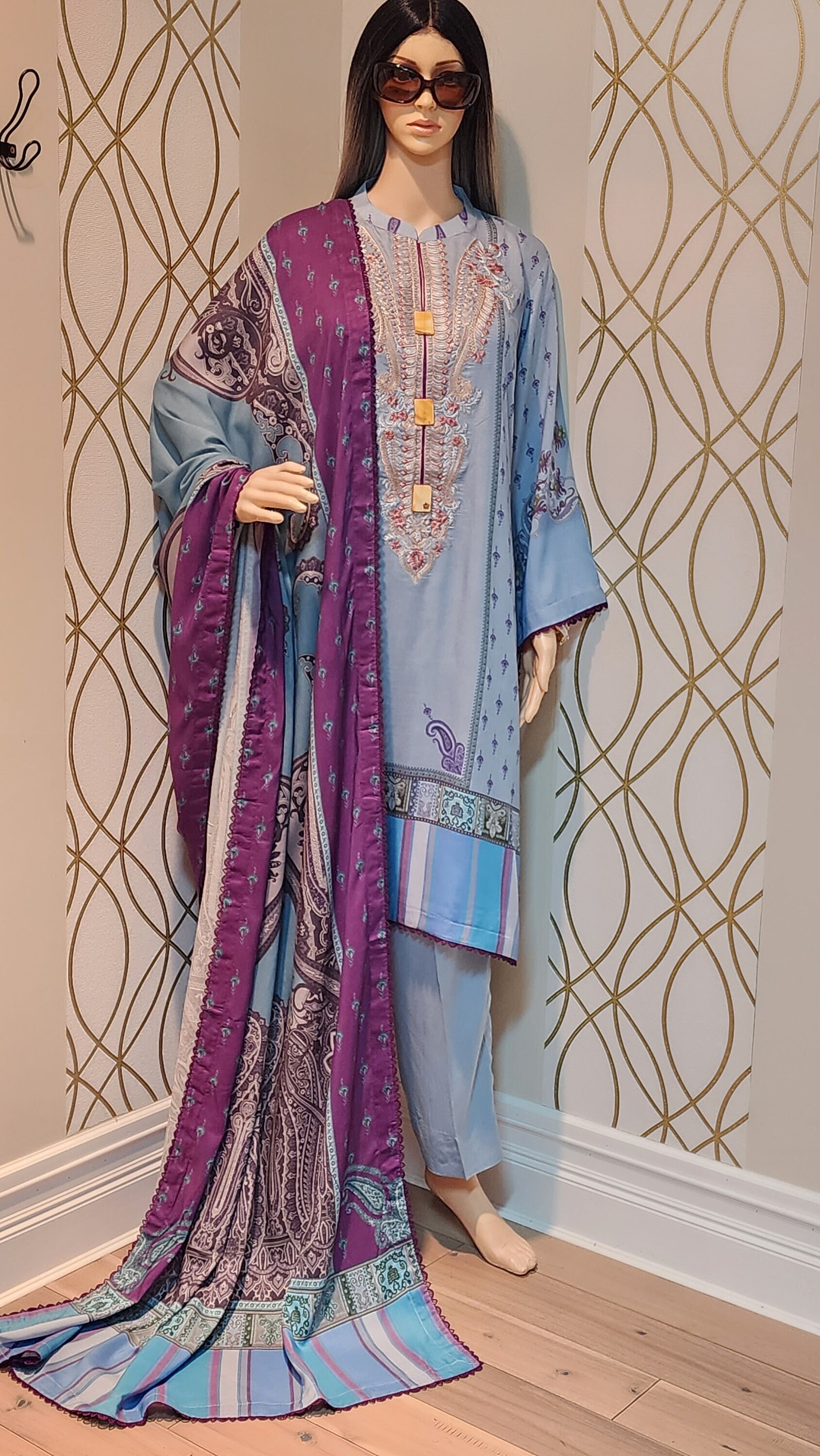 Pakistani Designer Sobia Nazir embroidered Linen 3 piece stitched outfit (LARGE)thumbnail