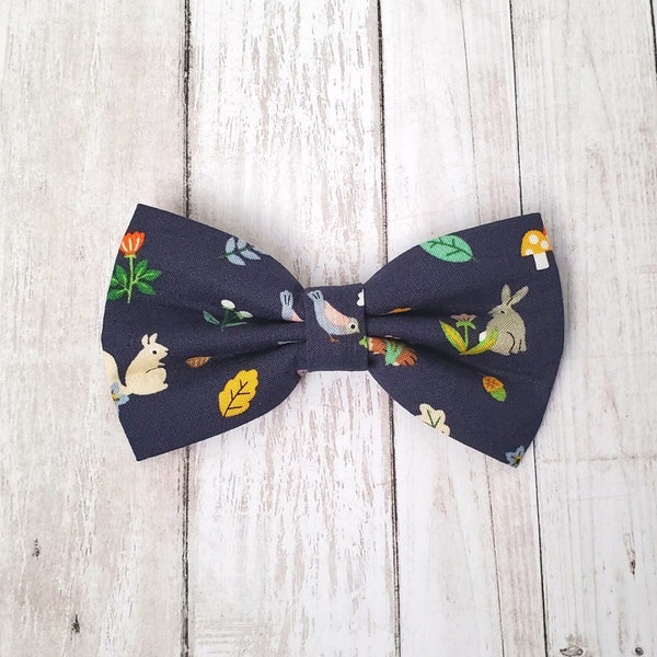 Wildlife dog bow tie • Squirrel, rabbit, hedgehog dog bow tie • Navy blue nature themed dog collar bowtie •  Pet collar accessories