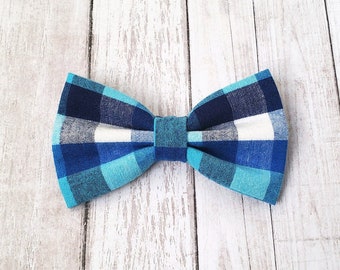 Blue linen check dog bow tie • Blue checkered plaid dog bow tie • Linen dog collar bow tie • Dog collar accessories • Plaid pet bow tie