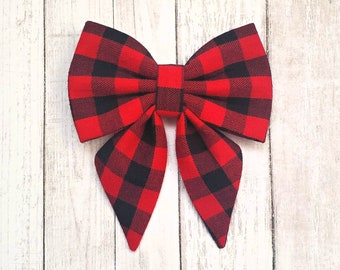 Buffalo plaid sailor bow for dog collar • Red and black plaid dog sailor bow • Christmas girl dog accessories  • Flannel winter dog bow